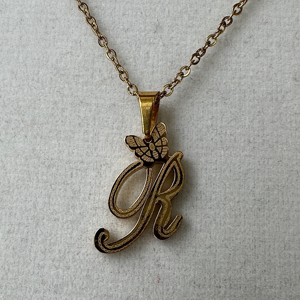 Gold Tone Letter "R" Necklace with Butterfly